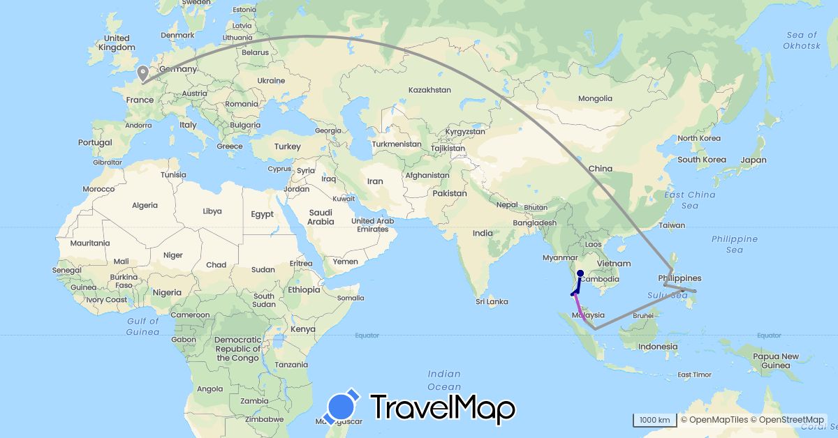 TravelMap itinerary: driving, plane, train, boat, motorbike in China, France, Malaysia, Philippines, Singapore, Thailand (Asia, Europe)